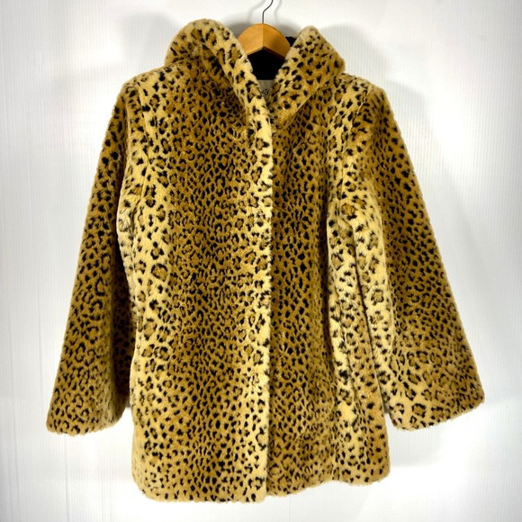 VTG East 5th Leopard Print Faux Fur Hooded Coat Womens Medium - Picture 1 of 11